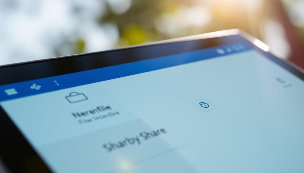 A close-up, highly detailed image of the Nearby Share file transfer interface on a Windows 11 device. The scene is brightly lit with natural daylight, captured with a Sony A7R IV camera and polarizer filter to enhance clarity and definition. The interface is sharply in focus, showcasing the intuitive file transfer controls, connectivity indicators, and overall user experience. The image conveys a sense of simplicity and ease of use, reflecting the 
