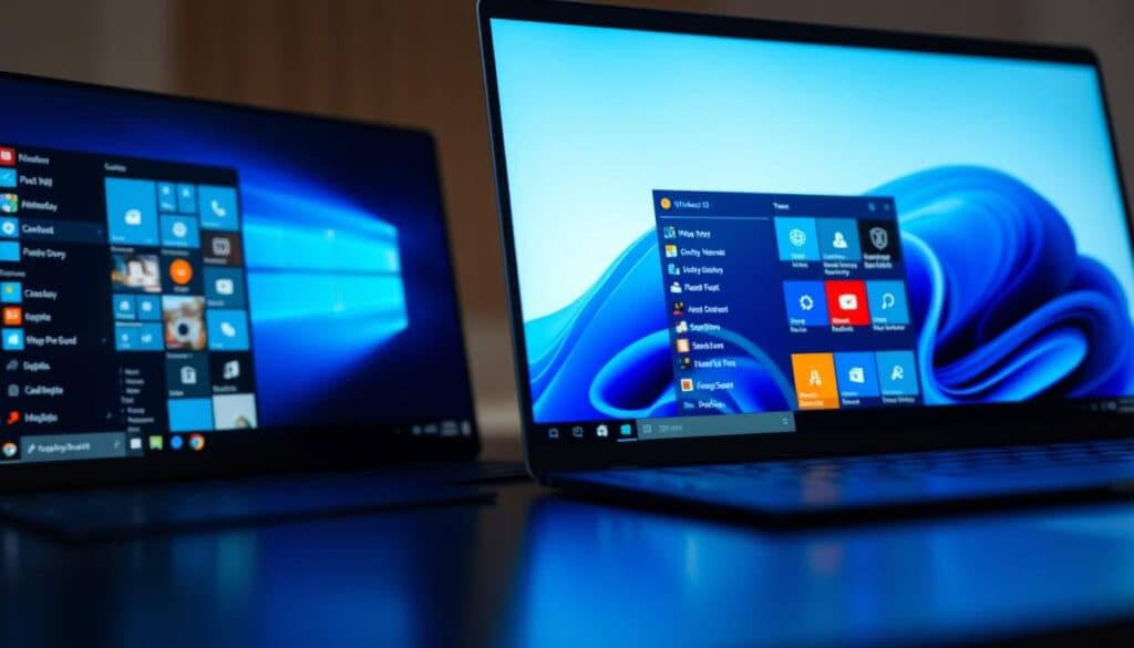 A detailed, side-by-side comparison of the Windows 10 and Windows 11 operating systems, captured with a Sony A7R IV camera. The image showcases the distinct visual differences between the two versions, with a polarizer filter enhancing contrast and clarity. Sharply focused and hyperrealistic, the scene depicts the Windows 10 interface on the left and the Windows 11 interface on the right, highlighting the design changes, menu structures, and icons. The lighting and composition create a balanced, professional atmosphere, inviting the viewer to explore the nuances between these two Windows iterations. A detailed, side-by-side comparison of the Windows 10 and Windows 11 operating systems, captured with a Sony A7R IV camera. The image showcases the distinct visual differences between the two versions, with a polarizer filter enhancing contrast and clarity. Sharply focused and hyperrealistic, the scene depicts the Windows 10 interface on the left and the Windows 11 interface on the right, highlighting the design changes, menu structures, and icons. The lighting and composition create a balanced, professional atmosphere, inviting the viewer to explore the nuances between these two Windows iterations.