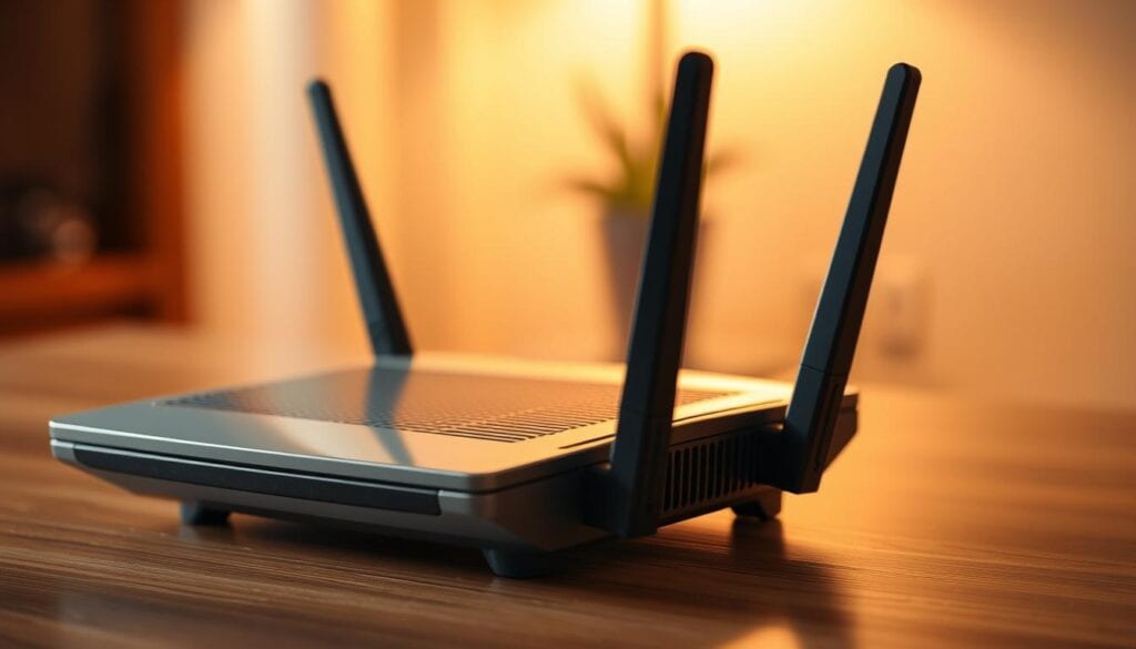 A focused and meticulously detailed image of a WLAN router, its antennas prominently displayed. The device is captured from an elevated perspective, showcasing its sleek, modern design. Warm, soft lighting illuminates the router, casting subtle shadows that accentuate its contours. The background is blurred, creating a sense of depth and focus on the subject. The image conveys a technical, yet visually appealing atmosphere, highlighting the importance of optimizing WLAN channels for improved connectivity. A focused and meticulously detailed image of a WLAN router, its antennas prominently displayed. The device is captured from an elevated perspective, showcasing its sleek, modern design. Warm, soft lighting illuminates the router, casting subtle shadows that accentuate its contours. The background is blurred, creating a sense of depth and focus on the subject. The image conveys a technical, yet visually appealing atmosphere, highlighting the importance of optimizing WLAN channels for improved connectivity.