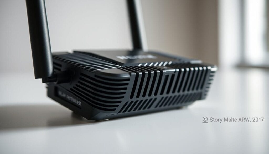 A highly detailed and perfectly focused photograph of a sturdy WLAN-Verstärker (wireless router signal booster) device, shot on a Sony A7R IV camera with a polarizer filter. The device is showcased against a clean, minimalist background, accentuating its sleek, modern design and technical features. Vivid lighting highlights the textures and contours of the device, conveying a sense of quality and reliability. The image captures the essence of the product, providing a comprehensive visual reference for consumers to evaluate when purchasing a WLAN-Verstärker.
