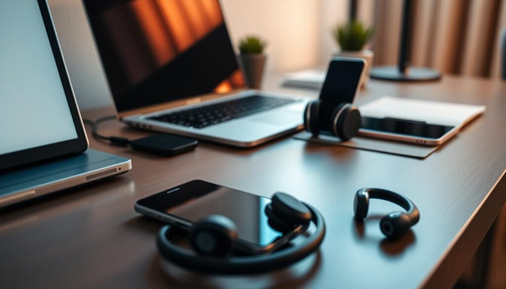 A meticulously designed desktop workspace showcases a neatly arranged assortment of Bluetooth-enabled devices, including a laptop, smartphone, and wireless headphones. The scene is captured with a Sony A7R IV, using a polarizer filter to accentuate the sheen on the sleek, modern devices. Crisp, vivid details and a sharply defined focus create a hyperrealistic, visually striking image that conveys the ease and convenience of connecting Bluetooth devices seamlessly.