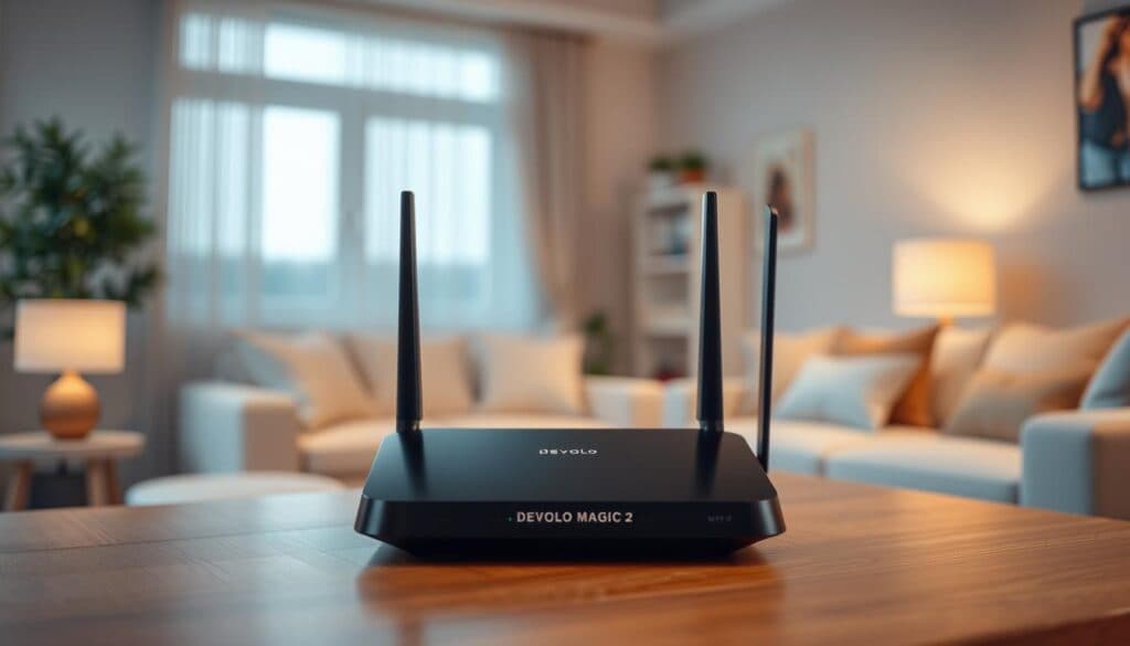 A modern, high-quality desktop router with sleek black design, capturing the interior of a cozy home setting. Crisp and detailed rendering of the Devolo Magic 2 router, showcasing its elegant and functional appearance. Warm, diffused lighting illuminates the device, highlighting its premium build quality and technical features. The router is positioned prominently in the middle ground, against a blurred background of a comfortable living room, suggesting its central role in enabling seamless whole-home WiFi connectivity. The scene evokes a sense of satisfaction and reliability, reflecting the positive user experiences with the Devolo Magic 2 product. A modern, high-quality desktop router with sleek black design, capturing the interior of a cozy home setting. Crisp and detailed rendering of the Devolo Magic 2 router, showcasing its elegant and functional appearance. Warm, diffused lighting illuminates the device, highlighting its premium build quality and technical features. The router is positioned prominently in the middle ground, against a blurred background of a comfortable living room, suggesting its central role in enabling seamless whole-home WiFi connectivity. The scene evokes a sense of satisfaction and reliability, reflecting the positive user experiences with the Devolo Magic 2 product.