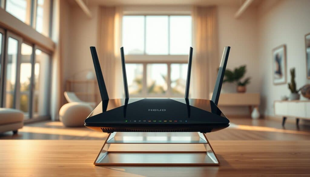 A modern, sleek home router positioned centrally in a bright, spacious room. The router is elevated on a minimalist stand, its glossy black surface reflecting the warm, natural light streaming in from large windows. Intricate antenna arrays extend from the device, conveying a sense of advanced wireless technology. The surrounding decor is minimal and uncluttered, allowing the router to be the focal point. Subtle, colorful status LEDs gently illuminate the device, hinting at its optimization and connectivity capabilities. The entire scene is captured with a shallow depth of field, drawing the viewer's attention to the router as the pinnacle of a well-designed, high-performance home wireless network. A modern, sleek home router positioned centrally in a bright, spacious room. The router is elevated on a minimalist stand, its glossy black surface reflecting the warm, natural light streaming in from large windows. Intricate antenna arrays extend from the device, conveying a sense of advanced wireless technology. The surrounding decor is minimal and uncluttered, allowing the router to be the focal point. Subtle, colorful status LEDs gently illuminate the device, hinting at its optimization and connectivity capabilities. The entire scene is captured with a shallow depth of field, drawing the viewer's attention to the router as the pinnacle of a well-designed, high-performance home wireless network.