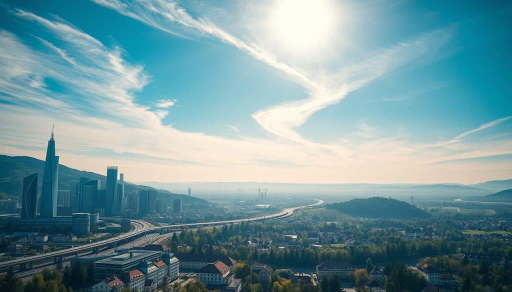 A picturesque landscape showcasing the advancements in internet speeds across Germany in 2025. In the foreground, a sleek, modern city skyline with towering skyscrapers and efficient transportation systems. In the middle ground, rolling hills and lush forests, with homes and businesses connected by a complex network of fiber-optic cables. In the background, a bright, azure sky with wispy clouds, evocative of the seamless digital connectivity that pervades the nation. The scene is captured with a Sony A7R IV, utilizing a polarizer filter to enhance the vivid colors and sharp details. The result is a hyperrealistic, clearly-focused image that showcases the remarkable progress in Germany's internet infrastructure, reflecting the A picturesque landscape showcasing the advancements in internet speeds across Germany in 2025. In the foreground, a sleek, modern city skyline with towering skyscrapers and efficient transportation systems. In the middle ground, rolling hills and lush forests, with homes and businesses connected by a complex network of fiber-optic cables. In the background, a bright, azure sky with wispy clouds, evocative of the seamless digital connectivity that pervades the nation. The scene is captured with a Sony A7R IV, utilizing a polarizer filter to enhance the vivid colors and sharp details. The result is a hyperrealistic, clearly-focused image that showcases the remarkable progress in Germany's internet infrastructure, reflecting the