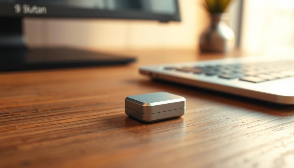 A sleek, silver Bluetooth adapter sits atop a wooden desk, its metallic casing gleaming under the warm, diffused light. The device appears modern and compact, with clean lines and a minimalist design. The adapter is positioned in the foreground, sharply focused and detailed, with a polarized lens capturing its subtle reflections. In the middle ground, the desk surface is rendered in a realistic texture, complementing the techno