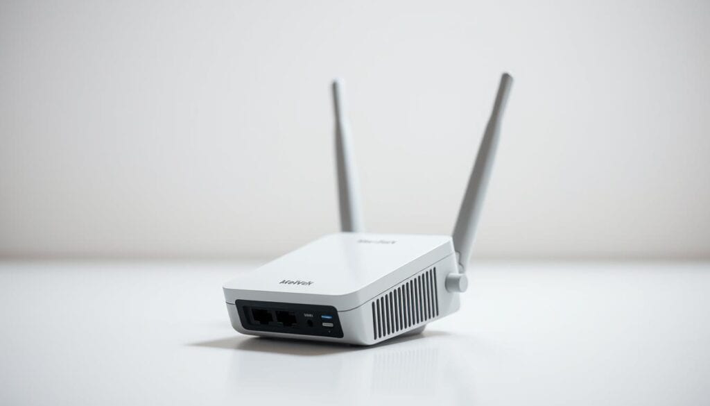 A well-lit, hyperrealistic photograph of a modern WLAN signal booster or range extender device, captured with a Sony A7R IV camera and a polarizer filter for enhanced clarity and contrast. The device is prominently featured in the foreground, with a clean, uncluttered background that emphasizes its technical design and functionality. The image showcases the extender's sleek, minimalist aesthetic, highlighting its key features and conveying a sense of its ability to reliably extend the range of a wireless network. The lighting is soft and directional, creating depth and dimensionality, while the sharp focus and high-definition details provide a professional, high-quality look that would be suitable for inclusion in a technical article on WLAN range extenders.