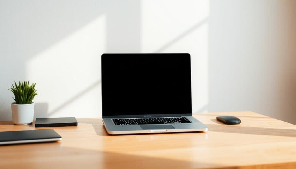 High-resolution photograph of a carefully positioned Macbook laptop on a clean, minimalist wooden desk, with attention to optimal monitor positioning and ergonomics. The laptop is placed at an optimal angle, with the screen slightly tilted and the height adjusted to eye level. The lighting is natural and diffused, creating a soft, pleasant ambiance. The image should convey a sense of simplicity, focus, and productivity, reflecting the subject of the article's section on 
