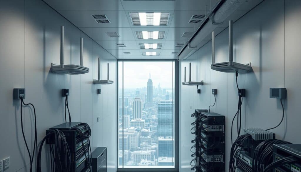 High-tech wireless network infrastructure with futuristic band steering technology in a sleek, modern setting. A Sony A7R IV camera captures the scene with a polarizer filter, creating a sharp, hyperrealistic image. The foreground features advanced wireless access points mounted on the walls, their antennas elegantly extending outward. The middle ground showcases a complex array of network cables, routers, and switches, all seamlessly integrated into the clean, minimalist interior design. The background reveals a panoramic view of a bustling cityscape, hinting at the global connectivity and cutting-edge advancements in wireless technology. The overall atmosphere conveys a sense of sophistication, innovation, and the promising future of band steering capabilities. High-tech wireless network infrastructure with futuristic band steering technology in a sleek, modern setting. A Sony A7R IV camera captures the scene with a polarizer filter, creating a sharp, hyperrealistic image. The foreground features advanced wireless access points mounted on the walls, their antennas elegantly extending outward. The middle ground showcases a complex array of network cables, routers, and switches, all seamlessly integrated into the clean, minimalist interior design. The background reveals a panoramic view of a bustling cityscape, hinting at the global connectivity and cutting-edge advancements in wireless technology. The overall atmosphere conveys a sense of sophistication, innovation, and the promising future of band steering capabilities.