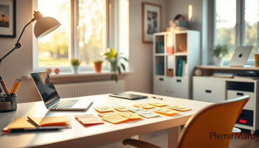 A bright and airy home office with a modern laptop, a crisp white desk, and an assortment of office supplies. A large window floods the space with natural light, casting warm shadows across the scene. On the desk, a carefully curated display of colorful sticky notes offers creative WLAN-name suggestions, each one a unique and inspiring idea. The overall atmosphere is one of productivity, organization, and the joy of finding the perfect WLAN name for a comfortable, connected home workspace.