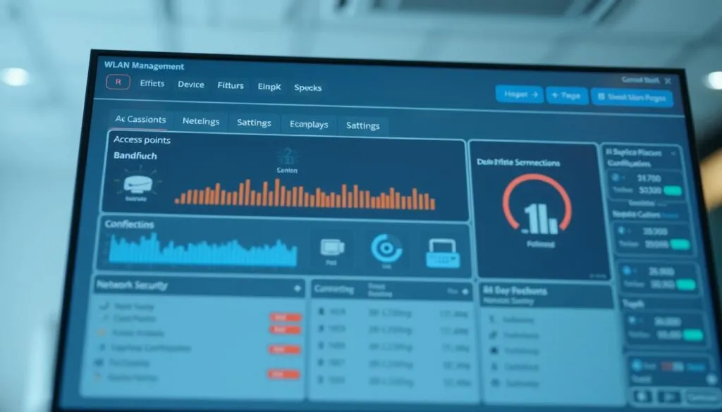 Detailed WLAN device management interface, showcasing various network components and settings. Sleek, modern UI with intuitive controls and visualizations. Highlight key elements like wireless access points, device connections, bandwidth usage, and network security configuration. Subtle chromatic tones with balanced lighting to convey a professional, technical atmosphere. Slightly elevated camera angle to provide an overview of the comprehensive management dashboard. Crisp, high-resolution rendering with a sense of depth and spatial awareness. Convey the utility and versatility of the WLAN management experience.