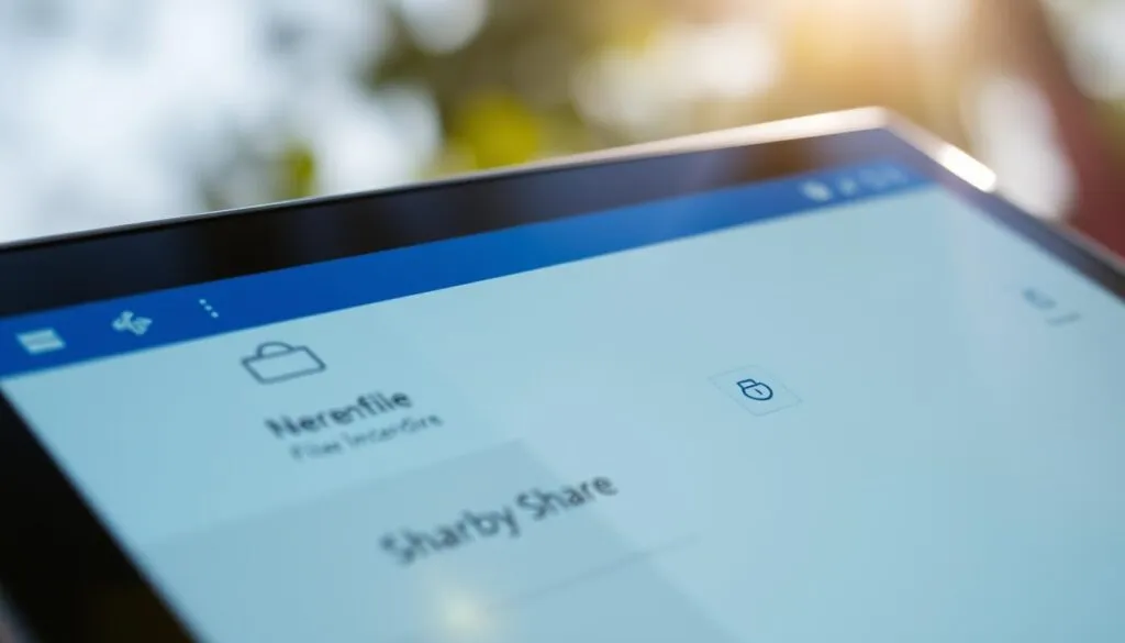 A close-up, highly detailed image of the Nearby Share file transfer interface on a Windows 11 device. The scene is brightly lit with natural daylight, captured with a Sony A7R IV camera and polarizer filter to enhance clarity and definition. The interface is sharply in focus, showcasing the intuitive file transfer controls, connectivity indicators, and overall user experience. The image conveys a sense of simplicity and ease of use, reflecting the 