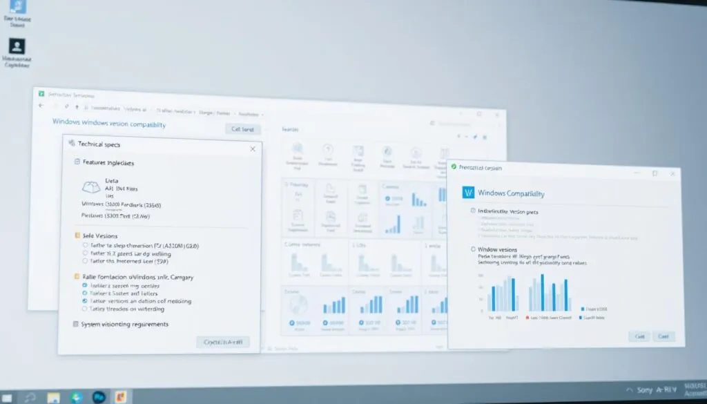 A detailed and technical computer interface displaying various Windows version compatibility information. The interface has a clean, minimalist design with a neutral color palette of greys, whites, and blues. The foreground shows a set of clearly labeled windows, each displaying technical specs and compatibility data for different Windows versions. The middle ground features an organized grid of icons and charts, providing an overview of system requirements and version features. The background has a subtle gradient, conveying a sense of depth and professionalism. The entire scene is shot with a Sony A7R IV camera, using a polarizer filter to ensure clarity and crispness. The image is hyperrealistic, with every element sharply defined and in focus, creating a visually compelling and informative illustration of Windows version compatibility.