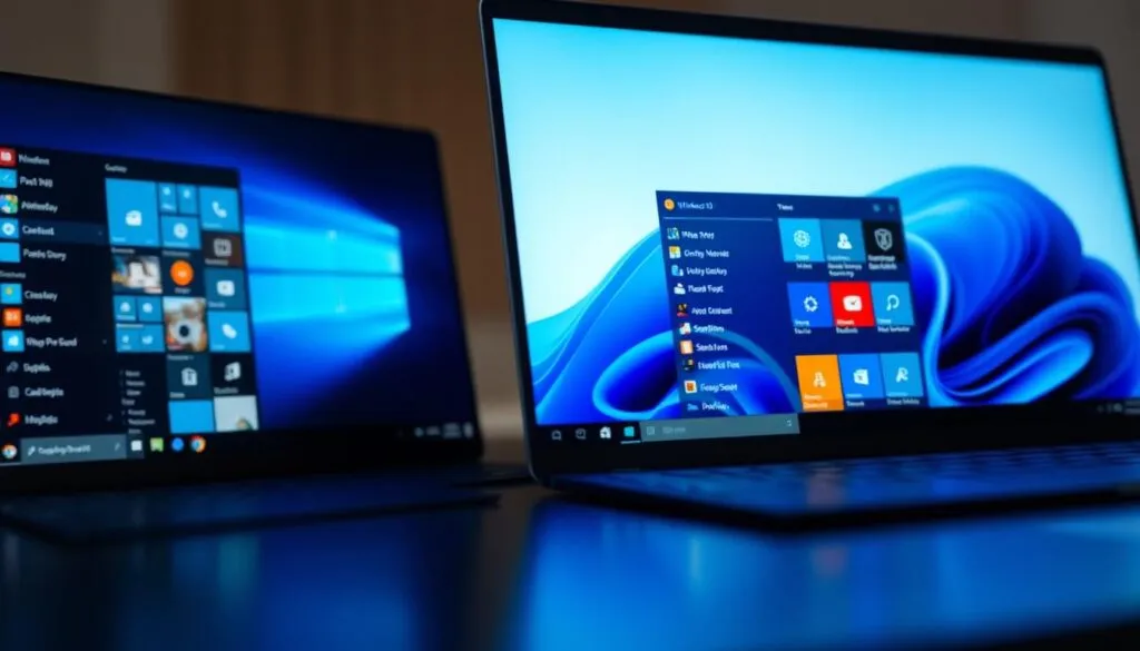 A detailed, side-by-side comparison of the Windows 10 and Windows 11 operating systems, captured with a Sony A7R IV camera. The image showcases the distinct visual differences between the two versions, with a polarizer filter enhancing contrast and clarity. Sharply focused and hyperrealistic, the scene depicts the Windows 10 interface on the left and the Windows 11 interface on the right, highlighting the design changes, menu structures, and icons. The lighting and composition create a balanced, professional atmosphere, inviting the viewer to explore the nuances between these two Windows iterations.