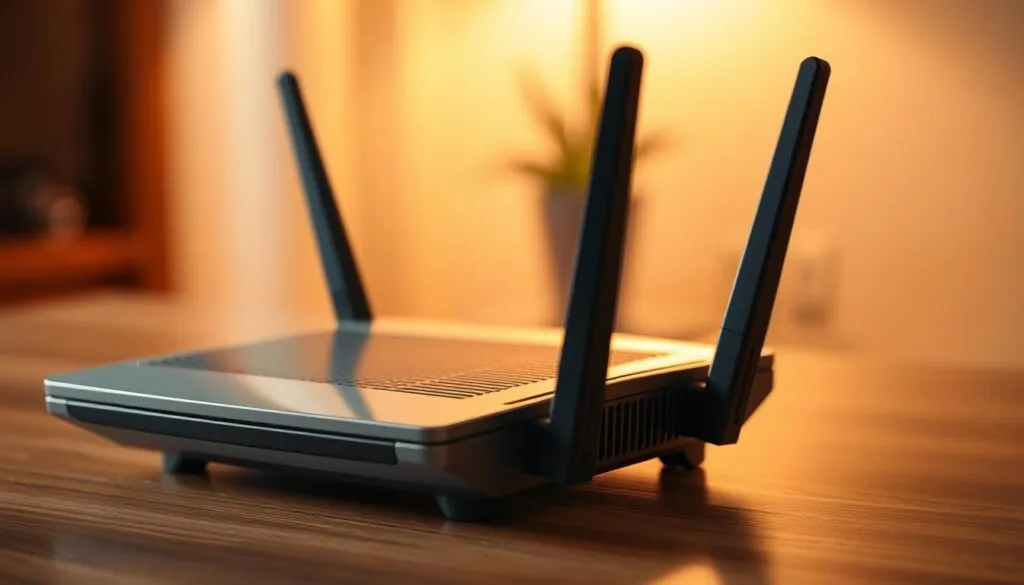 A focused and meticulously detailed image of a WLAN router, its antennas prominently displayed. The device is captured from an elevated perspective, showcasing its sleek, modern design. Warm, soft lighting illuminates the router, casting subtle shadows that accentuate its contours. The background is blurred, creating a sense of depth and focus on the subject. The image conveys a technical, yet visually appealing atmosphere, highlighting the importance of optimizing WLAN channels for improved connectivity.