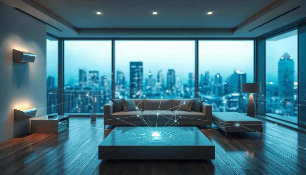A futuristic WLAN-Mesh network, shimmering with a metallic sheen, spans across a serene living room. Sleek, angular access points protrude from the walls, emanating a soft, ambient glow. In the foreground, a holographic display projects a web of interconnected nodes, illustrating the seamless flow of data. The middle ground features a minimalist, yet sophisticated furniture arrangement, complementing the high-tech aesthetic. The background reveals expansive windows, offering a panoramic view of a gleaming, high-rise cityscape, hinting at the network's far-reaching capabilities. The lighting is natural yet dramatic, with the polarizer filter accentuating the depth and clarity of the scene. An air of technological sophistication and future-forward design permeates the image, reflecting the advancements in WLAN-Mesh technology by the year 2025.