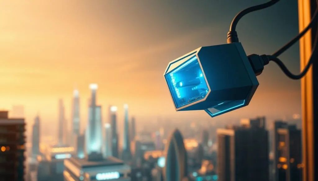 A futuristic powerline adapter hovers in mid-air, its sleek, angular design exuding a sense of technological sophistication. Glowing blue energy pulses through its internal circuitry, hinting at the immense power it wields. The adapter is bathed in a soft, warm light, casting dramatic shadows that accentuate its striking silhouette. In the background, a cityscape of gleaming skyscrapers and futuristic architecture stretches out, suggesting the adapter's integration into the fabric of a modern, connected world. The entire scene radiates a sense of progress and innovation, capturing the essence of the 