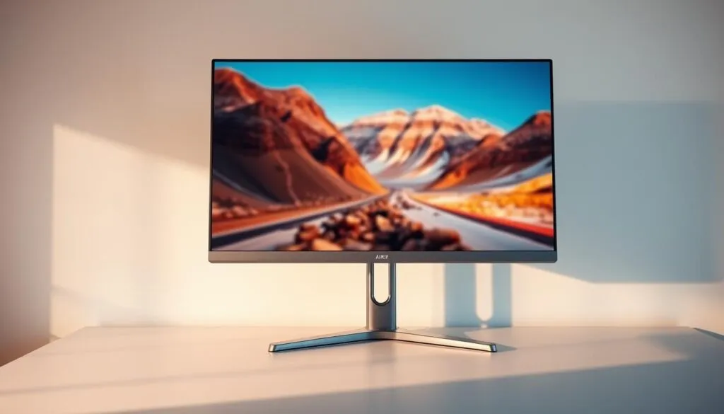 A high-end 8K display with a sleek, modern design. The monitor stands prominently on a minimalist desk, bathed in soft, diffused lighting that brings out the vivid, true-to-life colors of the panel. The screen displays a detailed, hyper-realistic image, showcasing the incredible resolution and visual fidelity of this cutting-edge technology. Subtle reflections on the monitor's glass surface add depth and dimensionality to the scene. The overall composition conveys a sense of sophistication and the future of digital displays.