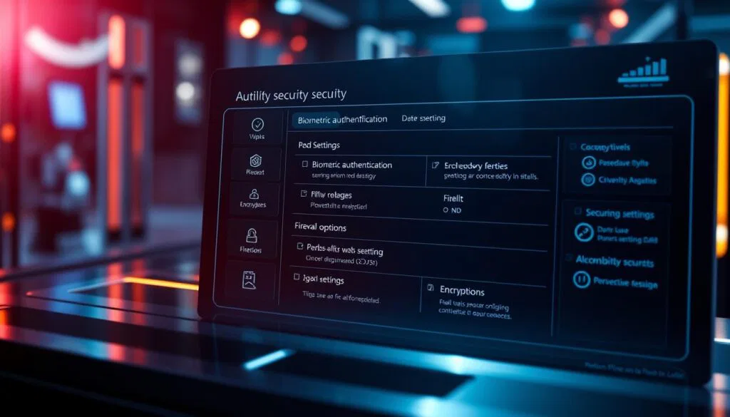 A high-tech security interface for Windows 11, featuring a sleek and intuitive control panel. Detailed view of the security settings, including biometric authentication, firewall options, and encryption tools. Bright, futuristic lighting casts an authoritative glow over the modernist UI elements. The display is sharp and crisp, with a sense of depth and dimension. This image conveys the importance of carefully configuring Windows 11's security features to safeguard one's system.