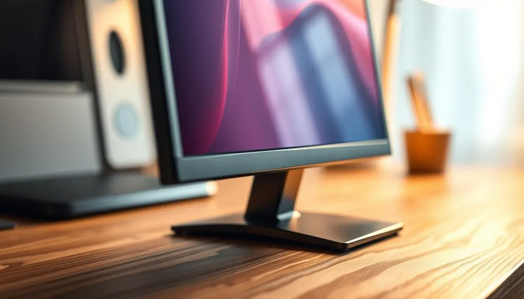 A highly detailed, close-up photograph of a mini LED computer monitor on a wooden desk, showcasing its sleek design and premium build quality. The monitor is positioned at a slight angle, its screen displaying a vibrant, high-contrast image. Soft, warm lighting illuminates the scene, accentuating the monitor's glossy, reflective surface and the delicate texture of the wood grain. The composition emphasizes the monitor's compact size and the care required for its maintenance, hinting at the 