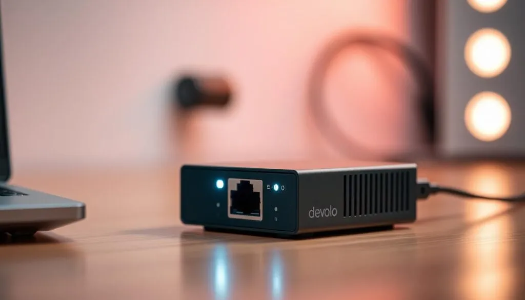 A highly detailed, sharply focused image of a Devolo Netzwerkverbindung network adapter, shot with a Sony A7R IV camera using a polarizer filter to create a hyperrealistic, vivid depiction. The adapter is prominently featured in the foreground, with a clean, well-lit background that emphasizes the device's technical nature. The white LED indicator lights on the adapter are clearly visible, drawing the viewer's attention to the key interface elements. The overall mood is one of precision and clarity, reflecting the importance of properly connecting devices in the 