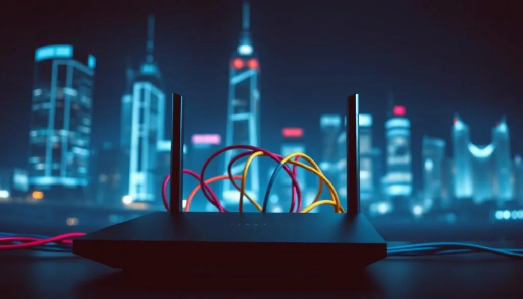 A modern and highly efficient data transfer optimization system. In the foreground, a sleek and minimalist router with clean lines and a matte black finish. In the middle ground, various network cables in vibrant colors intertwine, representing the efficient flow of data. The background features a futuristic cityscape with towering skyscrapers and glowing lights, symbolizing the fast-paced digital world. The scene is bathed in a cool, blue-tinted lighting, creating a sense of technological sophistication. The overall composition conveys the importance of optimizing data transfer rates for seamless connectivity in the digital age.
