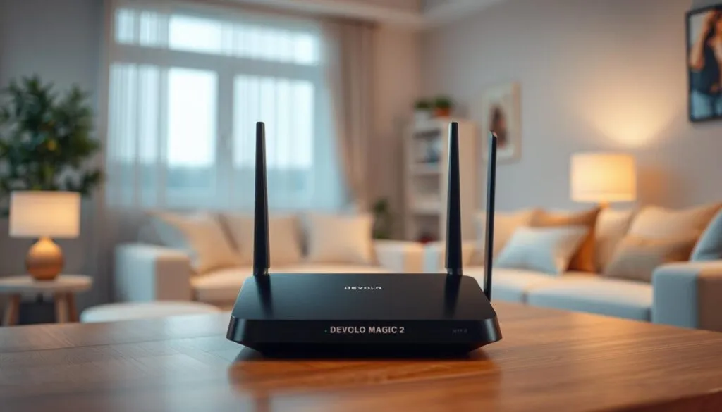 A modern, high-quality desktop router with sleek black design, capturing the interior of a cozy home setting. Crisp and detailed rendering of the Devolo Magic 2 router, showcasing its elegant and functional appearance. Warm, diffused lighting illuminates the device, highlighting its premium build quality and technical features. The router is positioned prominently in the middle ground, against a blurred background of a comfortable living room, suggesting its central role in enabling seamless whole-home WiFi connectivity. The scene evokes a sense of satisfaction and reliability, reflecting the positive user experiences with the Devolo Magic 2 product.