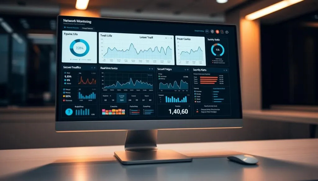 A modern network monitoring dashboard displayed on a sleek, high-resolution computer screen. The dashboard shows detailed graphs, charts, and real-time data visualizations of network traffic, bandwidth usage, device connections, and security alerts. The interface uses a clean, minimalist design with intuitive icons and a dark color scheme. The screen is bathed in a soft, warm lighting that highlights the clarity and precision of the data presented. The overall impression is one of comprehensive network visibility and control, conveying a sense of technological sophistication and data-driven decision making.