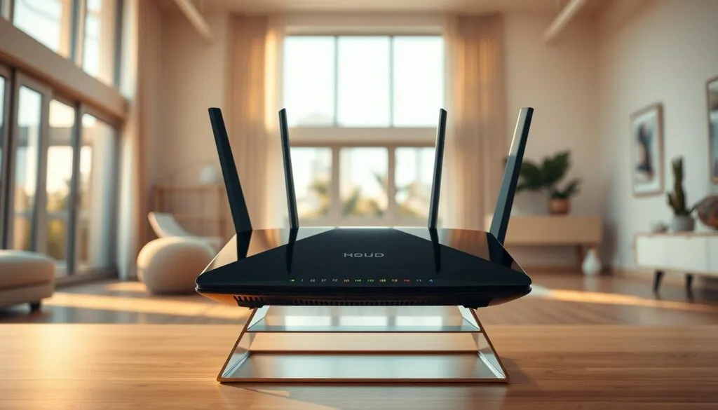 A modern, sleek home router positioned centrally in a bright, spacious room. The router is elevated on a minimalist stand, its glossy black surface reflecting the warm, natural light streaming in from large windows. Intricate antenna arrays extend from the device, conveying a sense of advanced wireless technology. The surrounding decor is minimal and uncluttered, allowing the router to be the focal point. Subtle, colorful status LEDs gently illuminate the device, hinting at its optimization and connectivity capabilities. The entire scene is captured with a shallow depth of field, drawing the viewer's attention to the router as the pinnacle of a well-designed, high-performance home wireless network.
