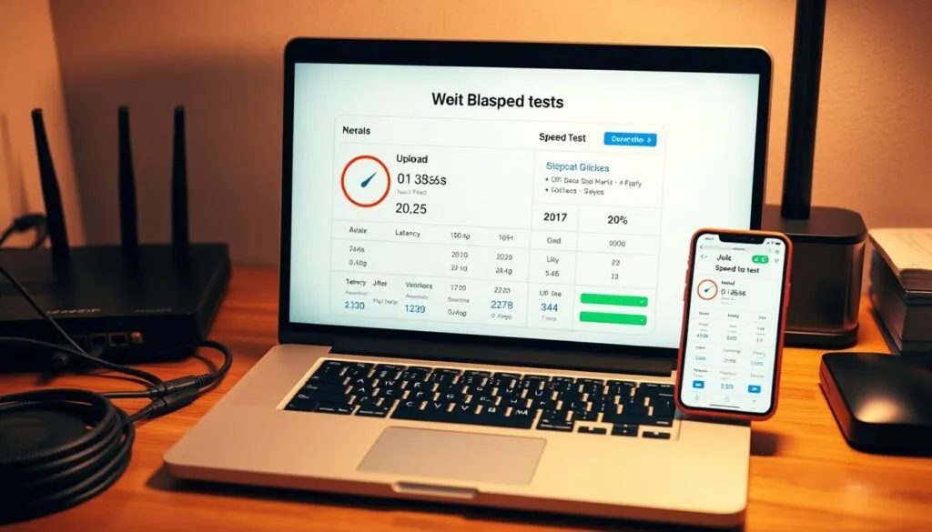 A neatly organized workstation with a laptop displaying a bandwidth test result screen. The screen shows detailed metrics such as download and upload speeds, latency, and jitter, presented in a clean and intuitive interface. Surrounding the laptop are complementary elements - a network router, ethernet cables, and a smartphone displaying additional speed test data. The scene is bathed in warm, directional lighting, creating a sense of professionalism and technical expertise. The overall composition conveys a clear and informative illustration of how to interpret the results of an internet speed test.