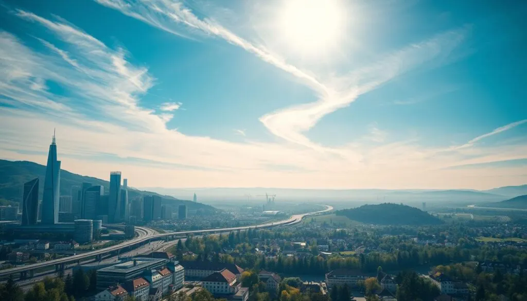 A picturesque landscape showcasing the advancements in internet speeds across Germany in 2025. In the foreground, a sleek, modern city skyline with towering skyscrapers and efficient transportation systems. In the middle ground, rolling hills and lush forests, with homes and businesses connected by a complex network of fiber-optic cables. In the background, a bright, azure sky with wispy clouds, evocative of the seamless digital connectivity that pervades the nation. The scene is captured with a Sony A7R IV, utilizing a polarizer filter to enhance the vivid colors and sharp details. The result is a hyperrealistic, clearly-focused image that showcases the remarkable progress in Germany's internet infrastructure, reflecting the 
