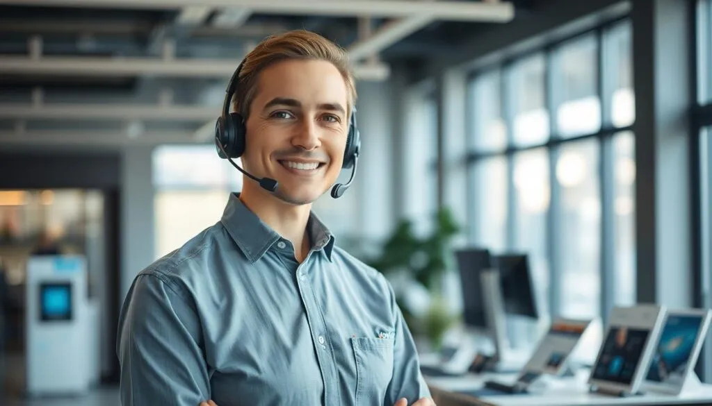 A professional and friendly customer service representative standing in a modern office setting, wearing a Devolo-branded shirt and headset, ready to assist customers with technical issues. The scene is brightly lit with natural light filtering through large windows, creating a warm and inviting atmosphere. The representative's expression is calm and welcoming, conveying a sense of expertise and dedication to resolving customer concerns. In the background, a neatly organized desk with Devolo product displays and informational materials subtly suggests the breadth of the company's offerings and commitment to customer support.