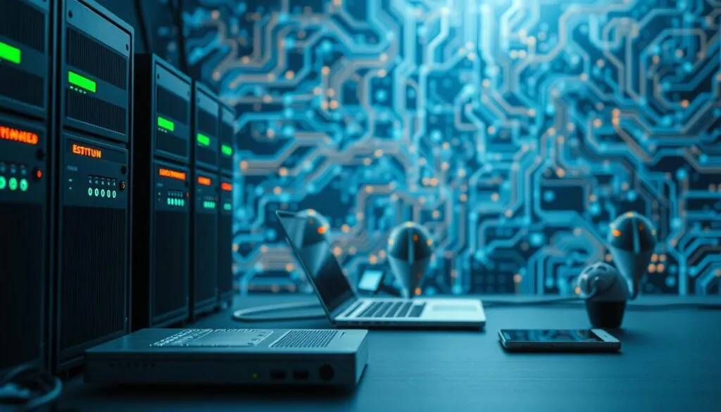 A secure and private home network with strong encryption protocols, advanced firewall settings, and robust access controls. Sleek servers and routers in the foreground, their LED indicators glowing softly. In the middle ground, a laptop and smartphone connected seamlessly, data flowing securely between them. The background features an abstract digital landscape of interlocking circuit boards and data streams, conveying the complex yet orderly nature of modern network infrastructure. Soft, cool lighting illuminates the scene, creating a sense of technological sophistication and trustworthiness. Shot on Sony A7R IV, clearly focused, sharply defined, polarizer filter, Hyperrealistic image.
