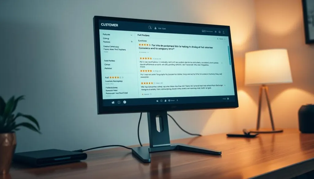 A sleek and modern computer monitor with a built-in LAN port sits atop a polished, wooden desk. The screen displays a variety of customer reviews and ratings, showcasing the monitor's performance, connectivity, and overall user experience. The scene is captured with a Sony A7R IV camera, utilizing a polarizer filter to enhance the colors and details. The lighting is soft and diffused, creating a warm and inviting atmosphere, perfect for highlighting the monitor's features and customer insights. The image is hyperrealistic, with sharply defined edges and a clear, focused composition.