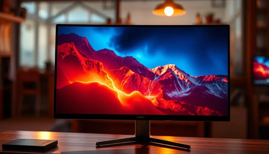 A sleek, minimalist gaming monitor with a razor-sharp Mini LED display, casting a warm, ambient glow. The screen is bathed in vivid, true-to-life colors, with deep blacks and brilliant highlights that draw the viewer's eye. Masterfully crafted from premium materials, the monitor's slim, edge-to-edge design boasts a modern, futuristic aesthetic. Backlit by precisely controlled Mini LED zones, the display delivers unparalleled contrast and HDR performance, elevating the gaming experience to new heights. Captured through the lens of a Sony A7R IV, this hyperrealistic image showcases the monitor's stunning visual clarity and attention to detail, complete with the subtle sheen of a polarizer filter.