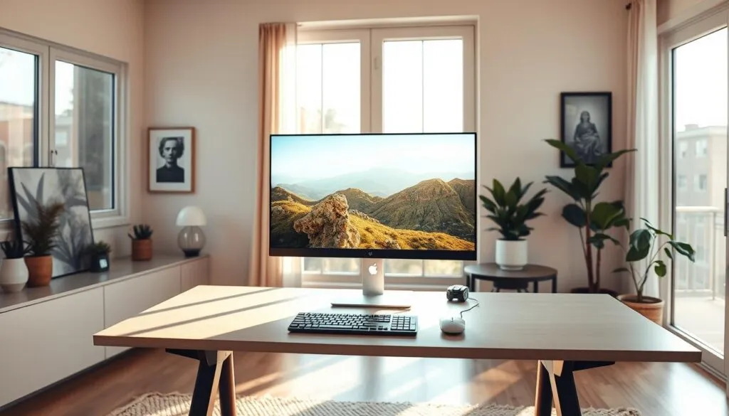 A spacious, well-lit home office with a sleek, state-of-the-art 8K monitor prominently displayed on a modern, minimalist desk. The monitor's screen emits a vibrant, high-resolution image, casting a soft glow across the room. Sunlight streams in through large windows, creating a warm, inviting atmosphere. The desk is neatly organized, with a computer, keyboard, and mouse meticulously arranged. The room is decorated with tasteful artwork and plants, reflecting a harmonious and productive workspace. Shot on a Sony A7R IV with a polarizer filter, resulting in a sharp, hyperrealistic image that captures the essence of the 8K monitor installation in a professional, visually striking manner.