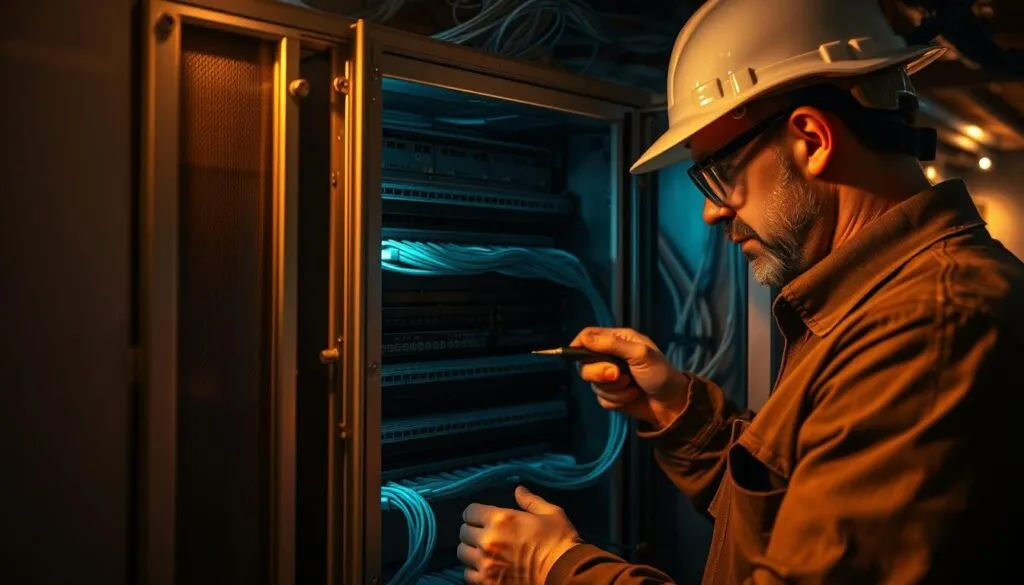 A technician inspecting and maintaining a fiber optic network junction box in a dimly lit basement. The box's metallic frame casts long shadows under warm tungsten lighting, while the fiber optic cables snake through the compartments, their aquamarine glow illuminating the space. The technician, wearing a hard hat and safety goggles, carefully examines each port with a specialized tool, ensuring optimal signal strength and connection quality. The scene conveys the importance of diligent network maintenance, with the technician's focused expression and the intricate machinery underscoring the crucial role of this unseen infrastructure.
