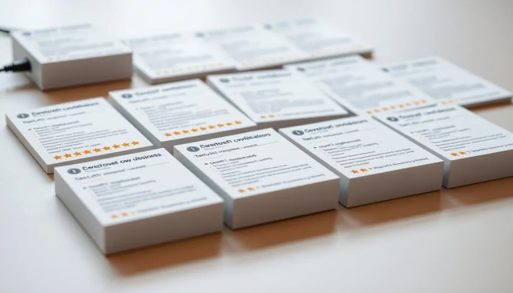 A well-lit, high-resolution photograph of a collection of user review cards for the Devolo Dlan 1200+ powerline adapter. The cards are arranged neatly on a clean, neutral-colored surface, showcasing a variety of customer ratings and comments. The lighting is soft and diffused, highlighting the detailed text and graphics on the cards. The depth of field is shallow, gently blurring the background to maintain focus on the review content. The overall composition is balanced and visually appealing, conveying a sense of credibility and reliability for the product.