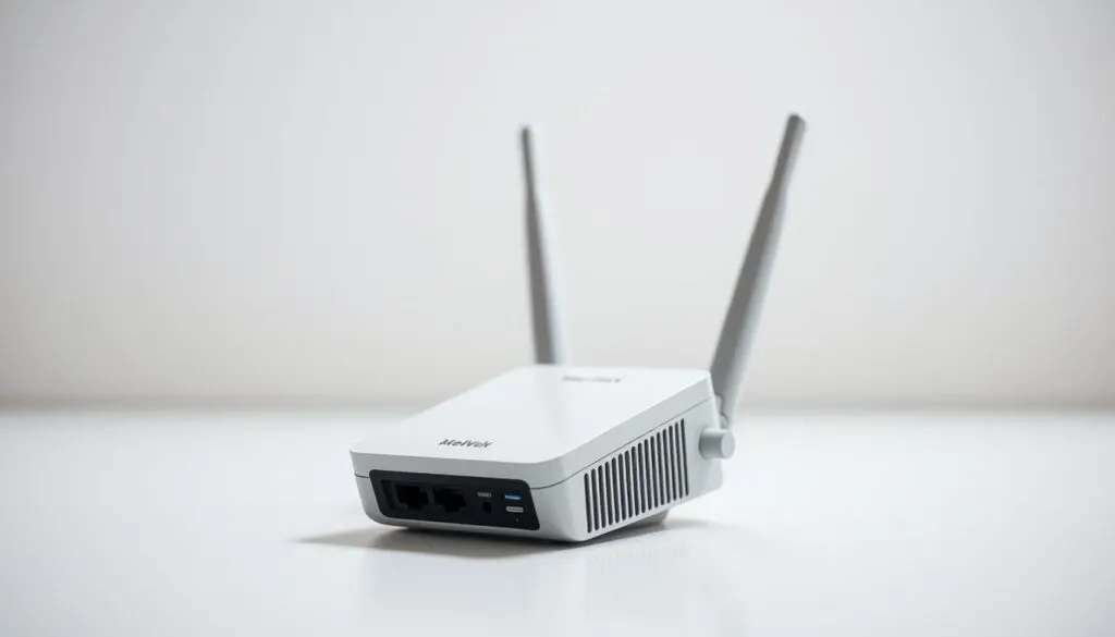 A well-lit, hyperrealistic photograph of a modern WLAN signal booster or range extender device, captured with a Sony A7R IV camera and a polarizer filter for enhanced clarity and contrast. The device is prominently featured in the foreground, with a clean, uncluttered background that emphasizes its technical design and functionality. The image showcases the extender's sleek, minimalist aesthetic, highlighting its key features and conveying a sense of its ability to reliably extend the range of a wireless network. The lighting is soft and directional, creating depth and dimensionality, while the sharp focus and high-definition details provide a professional, high-quality look that would be suitable for inclusion in a technical article on WLAN range extenders.