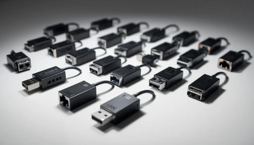 A well-lit studio shot of a selection of USB LAN adapters displayed on a clean white surface. The adapters are arranged in an organized grid, each one clearly visible and showcasing its design and connection ports. Soft shadows beneath the adapters create a sense of depth and dimension. The composition is balanced, with the adapters taking up the majority of the frame. The lighting is evenly distributed, creating a bright, professional atmosphere that highlights the adapters' technical features. The overall mood is one of clarity, precision, and attention to detail, reflecting the informative nature of the article's section on choosing the right USB LAN adapter.
