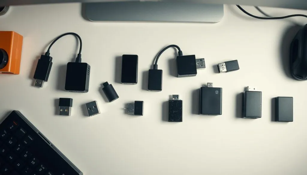 An overhead view of a clean, organized desk displaying various USB LAN adapter models. The adapters are arranged in a grid-like pattern, showcasing their diverse designs and connectors. Soft, even lighting illuminates the scene, capturing the products' details and materials with precision. The background is a neutral, minimalist space, allowing the adapters to be the focal point. The image conveys a sense of comparative analysis, inviting the viewer to assess the relative size, features, and potential cost differences between the presented USB LAN adapter options.