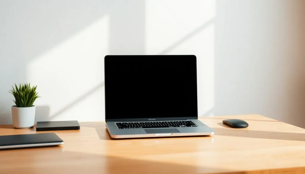 High-resolution photograph of a carefully positioned Macbook laptop on a clean, minimalist wooden desk, with attention to optimal monitor positioning and ergonomics. The laptop is placed at an optimal angle, with the screen slightly tilted and the height adjusted to eye level. The lighting is natural and diffused, creating a soft, pleasant ambiance. The image should convey a sense of simplicity, focus, and productivity, reflecting the subject of the article's section on 