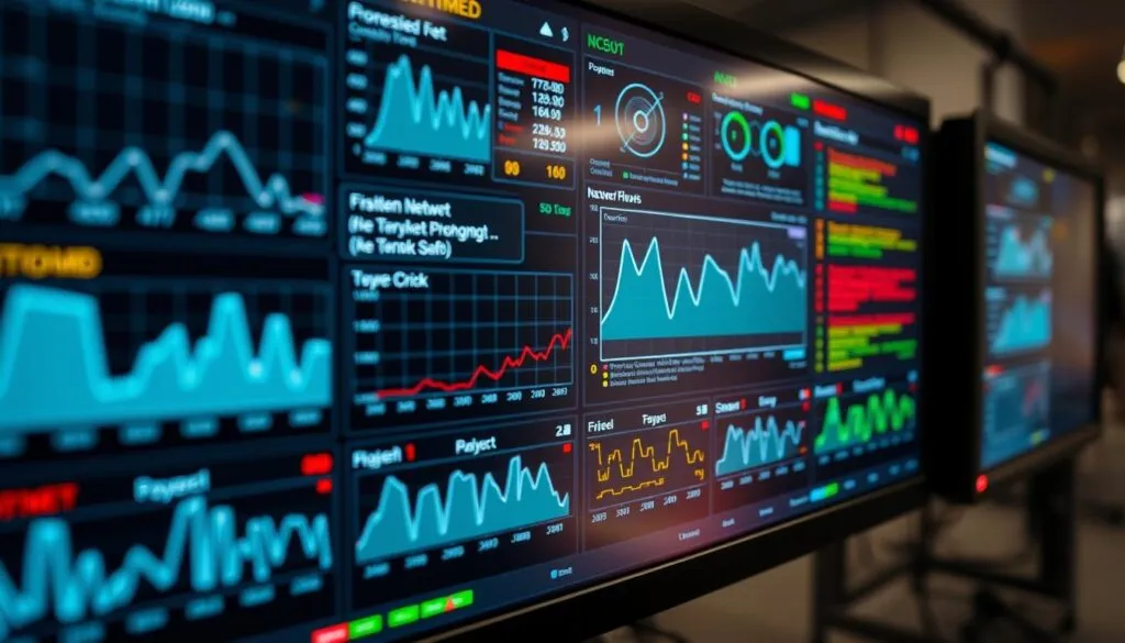 Shot on Sony A7R IV, a detailed, hyperrealistic image of a network monitoring display showcasing common troubleshooting issues. The screen displays various network diagnostic information, graphs, and error messages, providing a clear visual representation of the challenges users might face when dealing with network connectivity problems. The display is sharply focused, with vivid colors and a polarized filter enhancing the clarity of the technical details. The overall mood is one of problem-solving, with a clean, professional aesthetic that aligns with the 