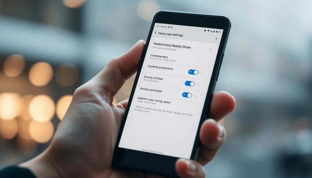 Shot on Sony A7R IV, a modern and sleek smartphone with a secure data transfer feature - Nearby Share. In the foreground, a person's hand holds the smartphone, the screen displaying the Nearby Share privacy settings. The middle ground showcases a simple, minimalist interface with toggle switches and options for controlling data sharing permissions. The background is blurred, highlighting the focus on the privacy-oriented user interface. The image conveys a sense of security and control, emphasizing the importance of data protection in the age of digital connectivity. Clearly focused, sharply defined, and with a polarizer filter applied for enhanced clarity, this hyperrealistic image illustrates the 